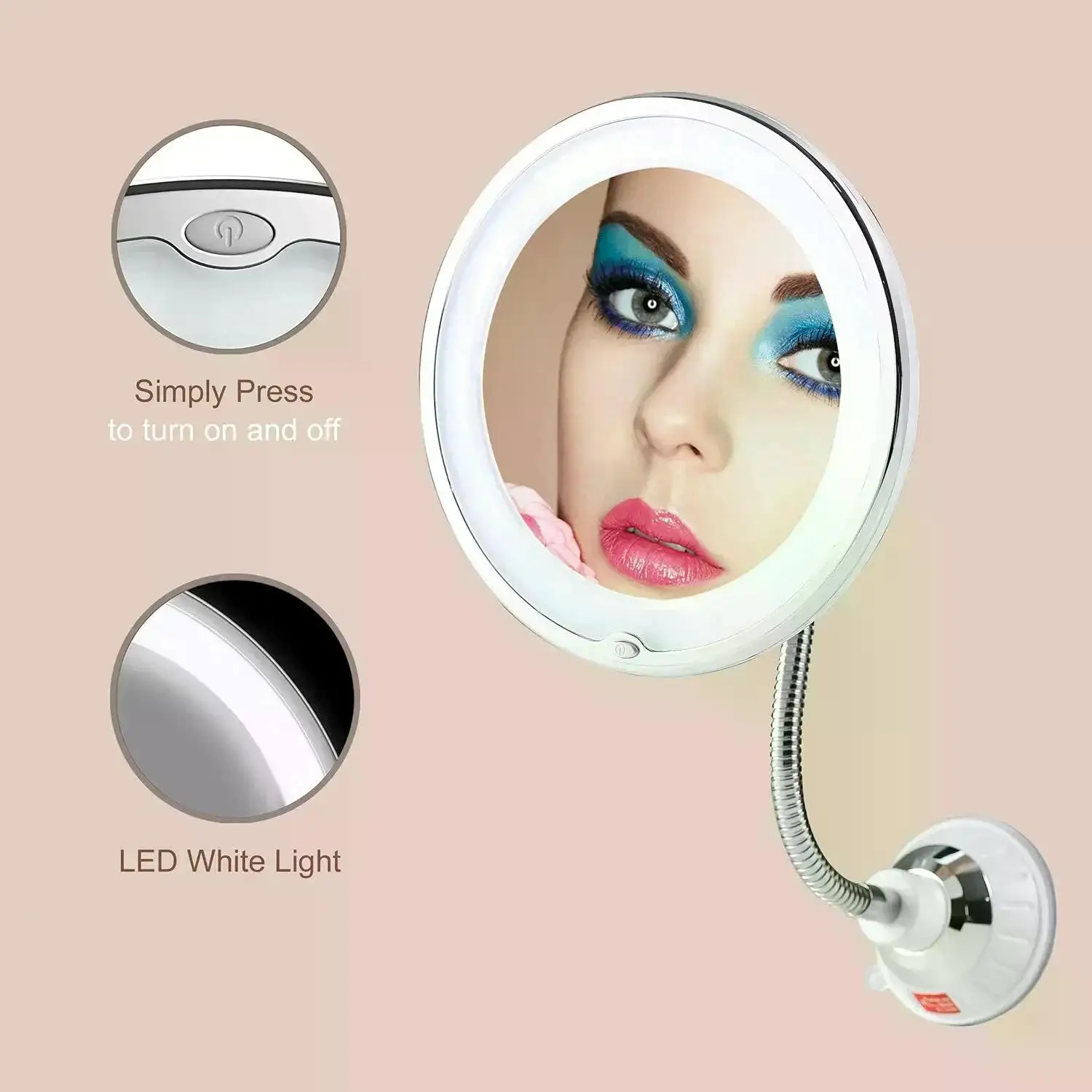 Description Picture 6 of itemC2 Flexible Gooseneck 6.8" 10x Magnifying LED Lighted Makeup Mirror Light Bathroom Magnification Vanity Mirror with Suction Cup