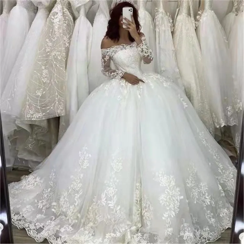 

Wedding Dress Lace Long off-Shoulder Sleeve Fashion