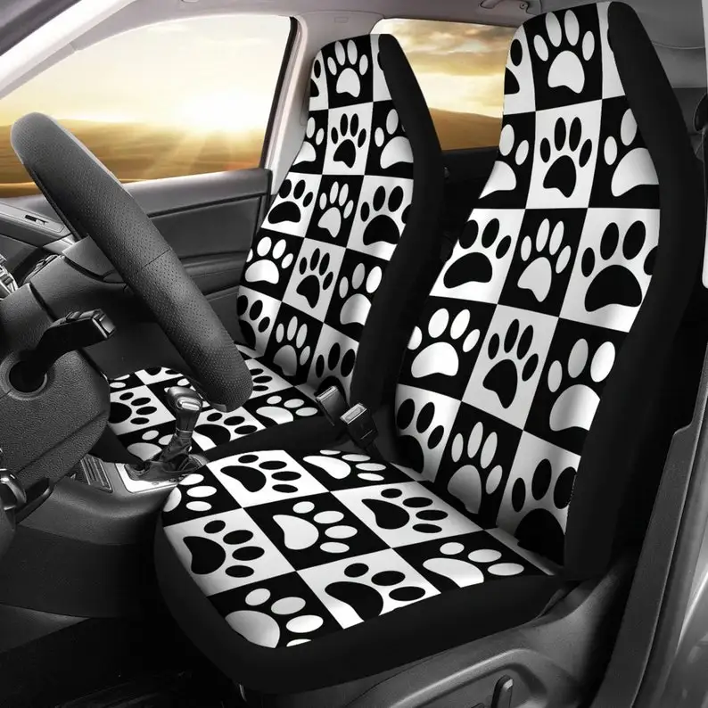 

Checkerboard Paw Print, Dog Lover Gift, Car Seat Covers, Car Accessories, Gift for Her, Custom Seat Cover, Black and White, Fron