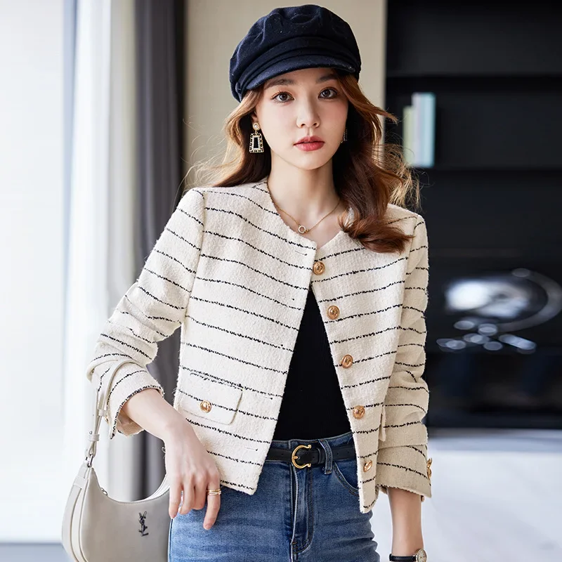 High quality short blazer for women striped jacket single breasted wool blend spring 2024 elegant fashion clothes - white