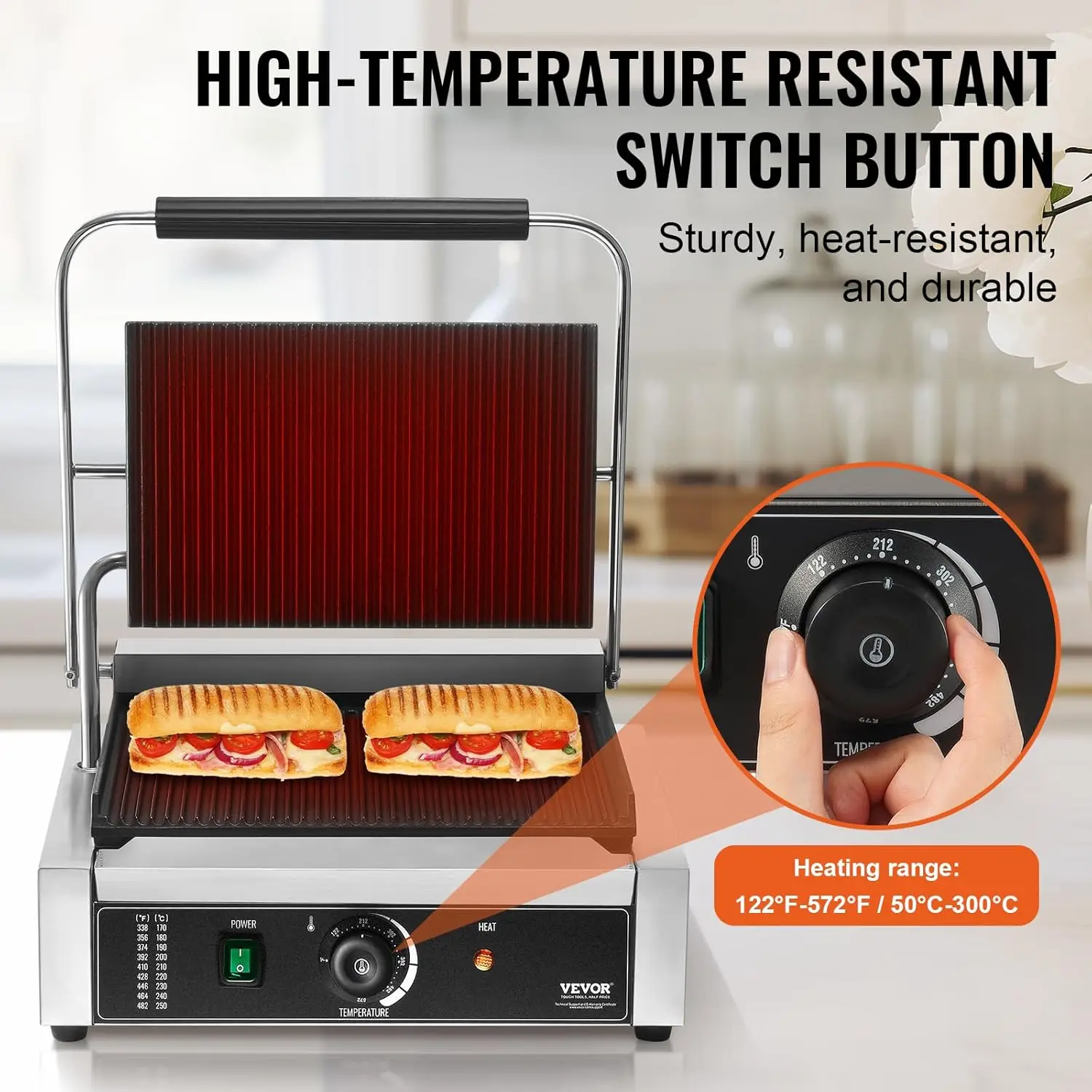 Commercial Grill, 1800W Electric Sandwich Maker, Stainless Steel Sandwich Press, Grill with Temp Cont 5