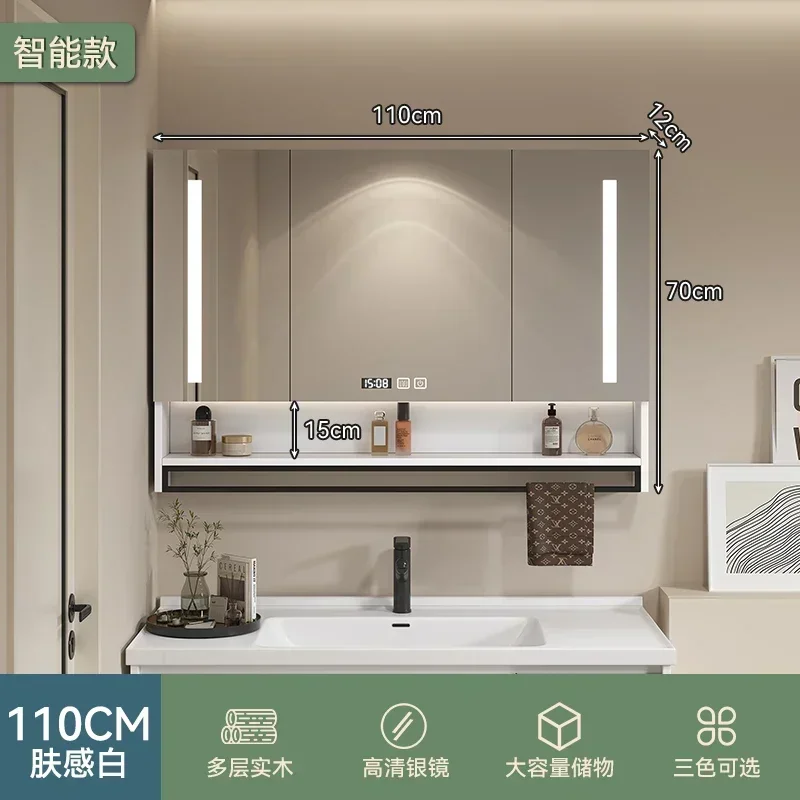 Nordic Cream Style Bathroom Mirror Cabinet Solid Wood Storage Smart Bathroom Mirror Cabinet Home Furniture Arredo Bagno FYBC