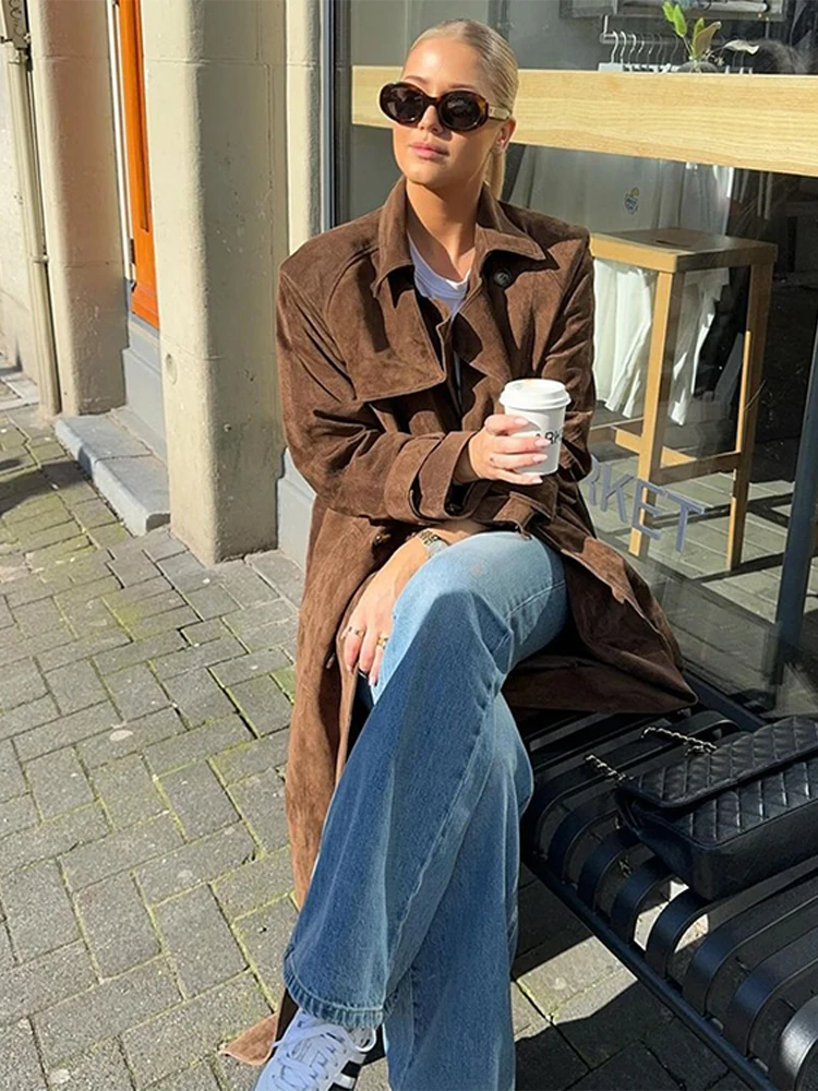 Brown Suede Leather Women Winter Coats With Belt Vintage Lapel Double Breasted Coat Ladies 2024 New High Street Trench Outerwear 4