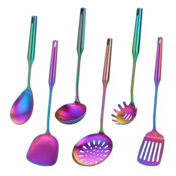 1-10PCS Stainless Steel Cooking Tools Soup Ladle Spoon Turner Spaghetti Serving Fork Restaurant Kitchenware Set Rainbow Cookware