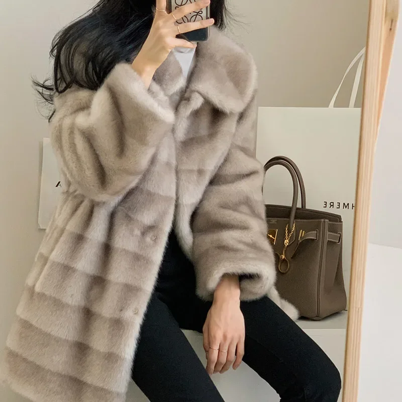 

Women Faux Fur Coats Gradient Mink Turn-down Collar Stripe Clothes Warm Thicken Long Jacket Winter 2024 Soft Furry Overcoat New