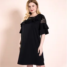 

Plus Size 2022 Spring and Summer Black Dress Women's European Fashion Half Sleeves Cascading Ruffle Lace Hollow Straight Dress