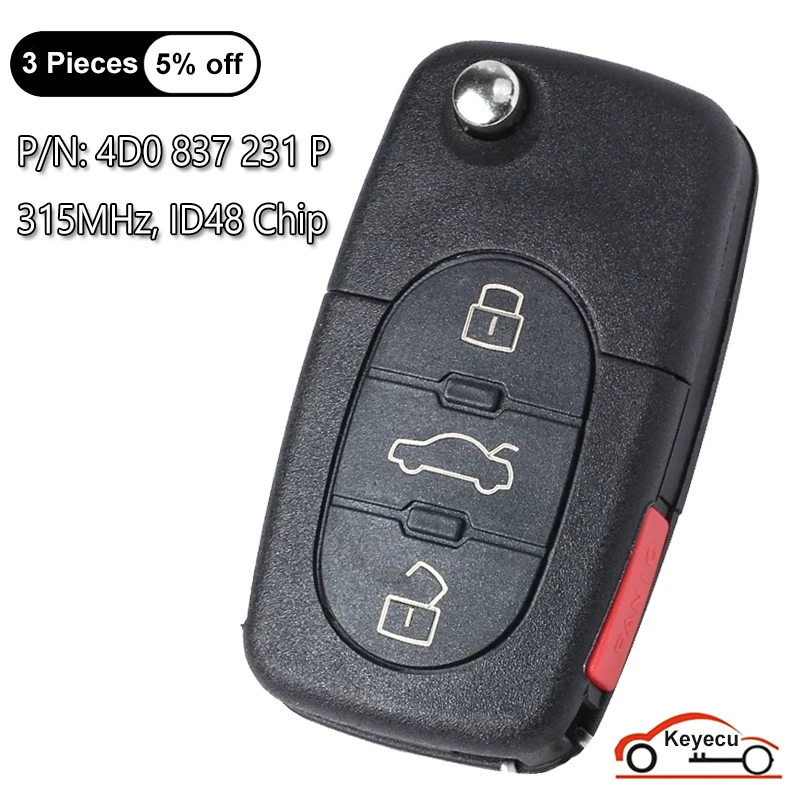 

KEYECU 3+1 4 Buttons 315MHz ID48 Chip for Audi A4 A6 A8 S4 TT 1997-2005 Auto Flip Remote Control Key Fob HLO 4D0 837 231 P