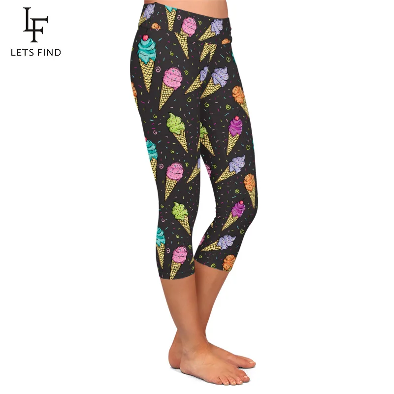 LETSFIND New 220gsm Double Side Brushed Milk Silk Print Women High Waist Capri Leggings Colorful Ice Cream Style Pants