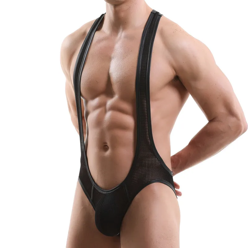 Sexy Men Undershirts Leotard Jockstrap Mesh Bugle Pouch Jumpsuits Exotic Open Butt String Underwear Wrestling Singlet Bodysuits