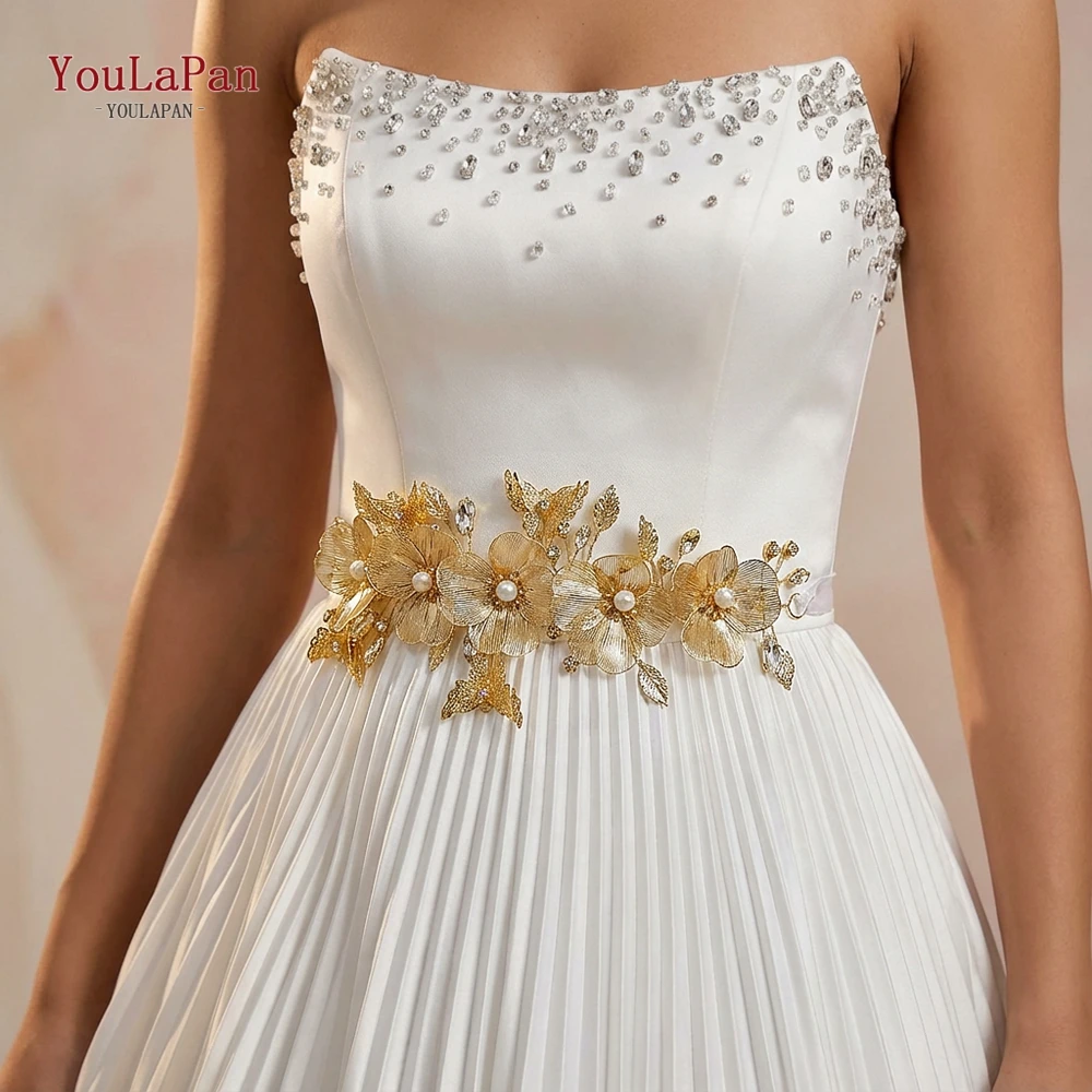 YouLaPan Eleganter goldfarbener Schmetterlings-Hochzeitsgürtel, Hochzeitskleid, Blumengürtel, handgefertigter Gürtel aus Legierung mit Blättern, Zubehör SH993 – Detail 3