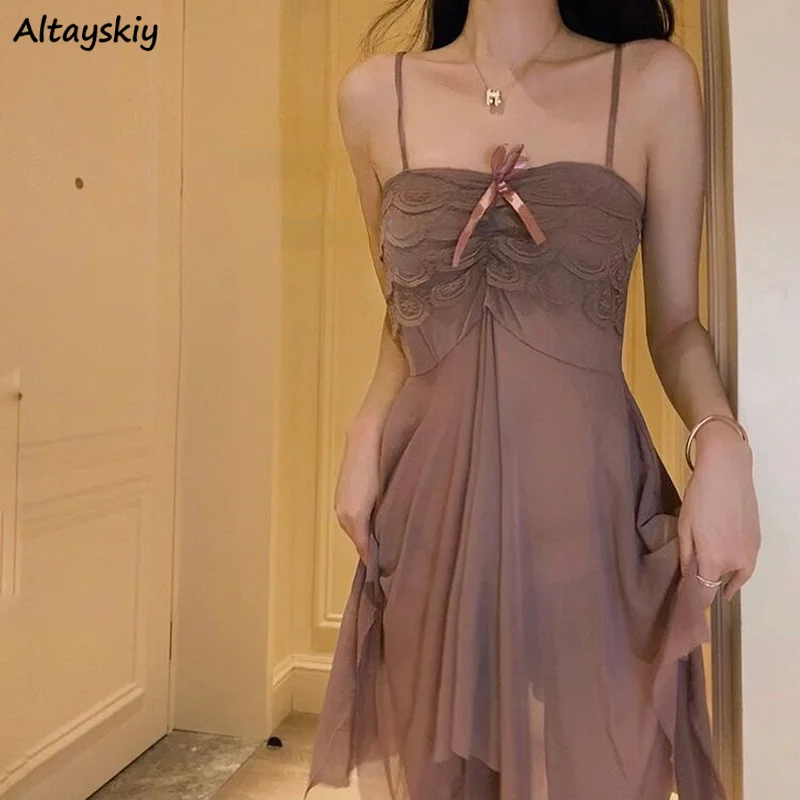 

Nightgowns Women Mesh Bow Sexy Sleeveless Home Sleepwear Breathable Korean Style Summer Thin Mini Chic Cozy Popular Folds Ins