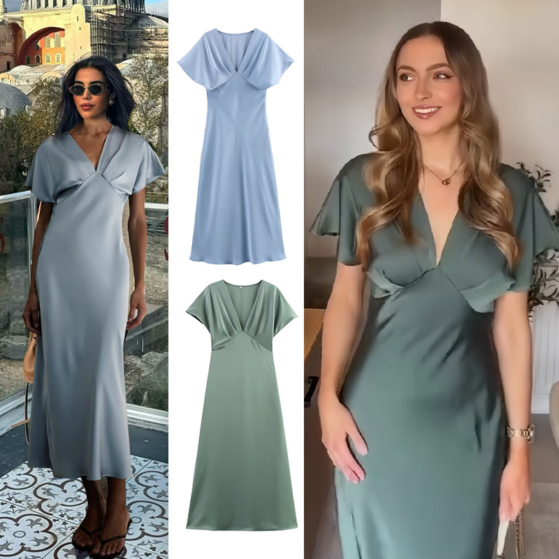 TRAFZA 2025 Women's Summer Short Sleeves Midi Dress Poplin Texture Solid Sexy V-neck Chest Pleated Dresses Elegant Evening Party