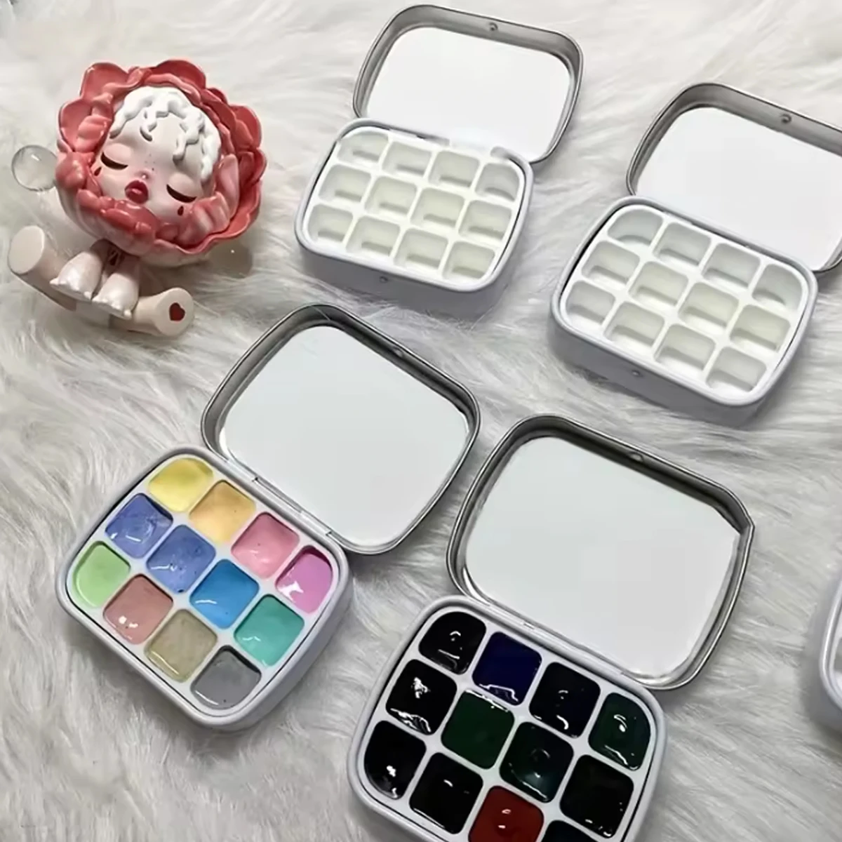 12-Grid Mini Watercolor Box - Ultra-Compact, Lightweight, Travel-Sized, Moisturizing Palette for Painting and Sketching
