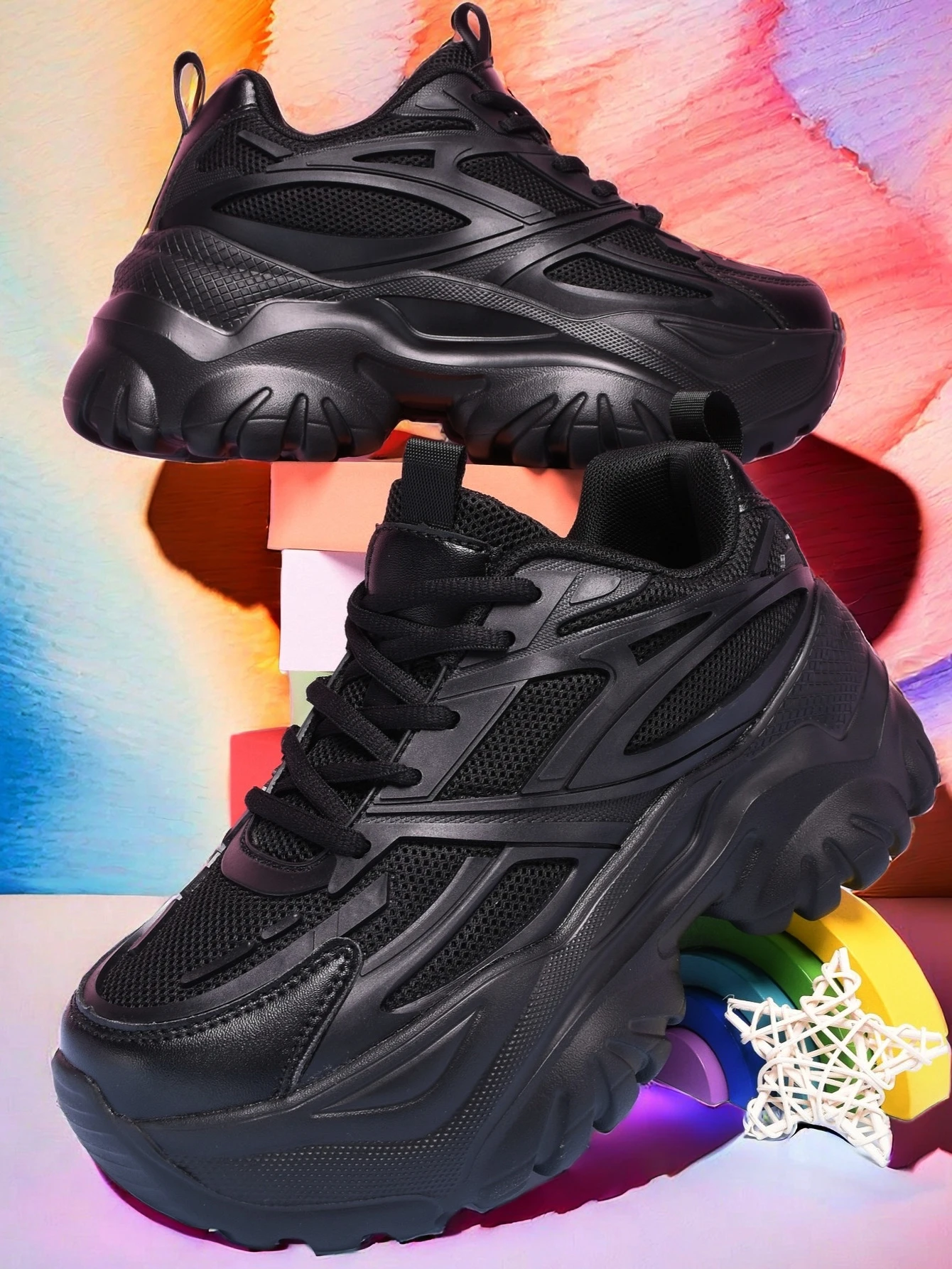 Women's four seasons outdoor sneakers Summer breathable black sandals lightweight platform high heels for women - Image 6