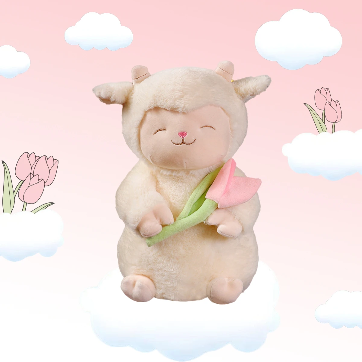 New Kawaii Sweet White Sheep Lam Hold Tulip Flower Plush Doll Soft Stuffed Lamb With Plushie Toy Cute Gift For Kid Birthday