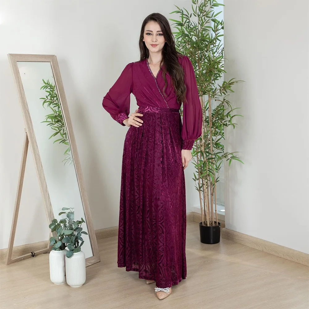 Women's Dress Abaya Velvet Burnt Flower Chiffon Hot Diamond Fashion Banquet Dress Robe for Party V-neck Elegant Long Dress