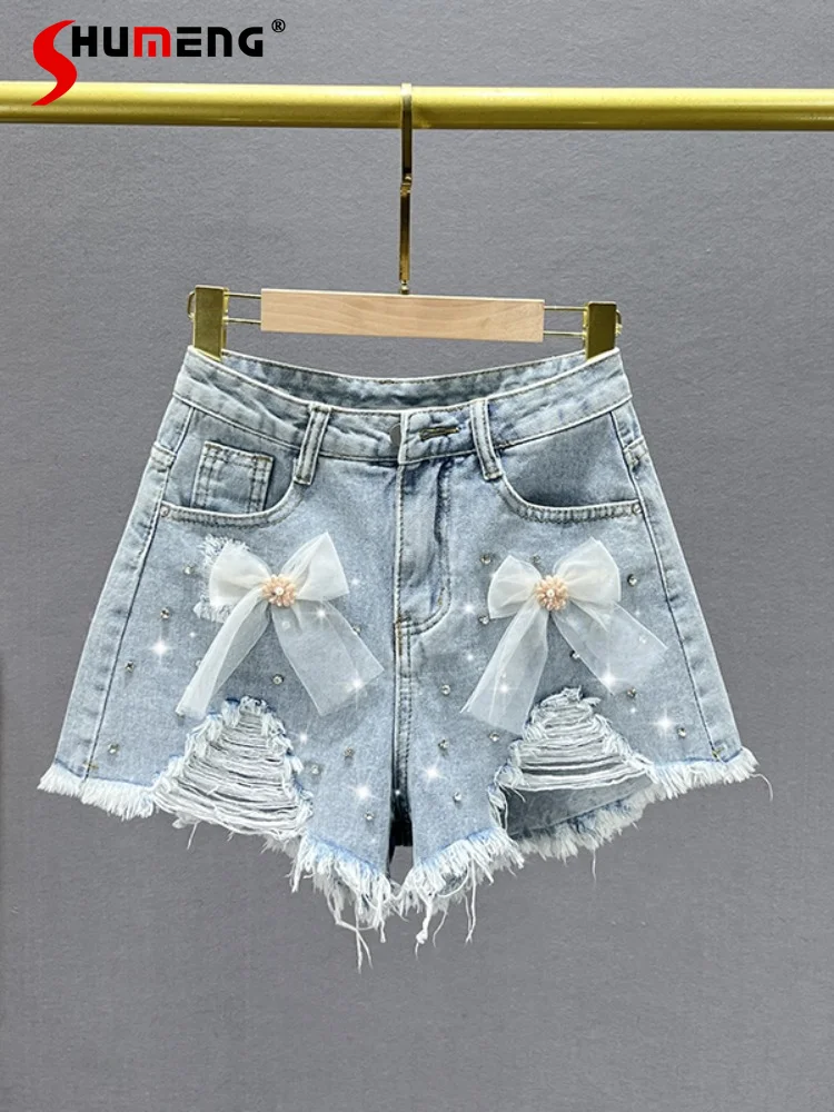 

Bow Rhinestone Ripped Denim Shorts for Women Trendy 2023 New Summer Woman High Waist Diamond-Embedded Rough-Edge Shorts Jeans