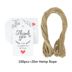 Bulk Set of 100 Handmade Kraft Paper Gift Tags with Hemp Ropes (Thank You L06)