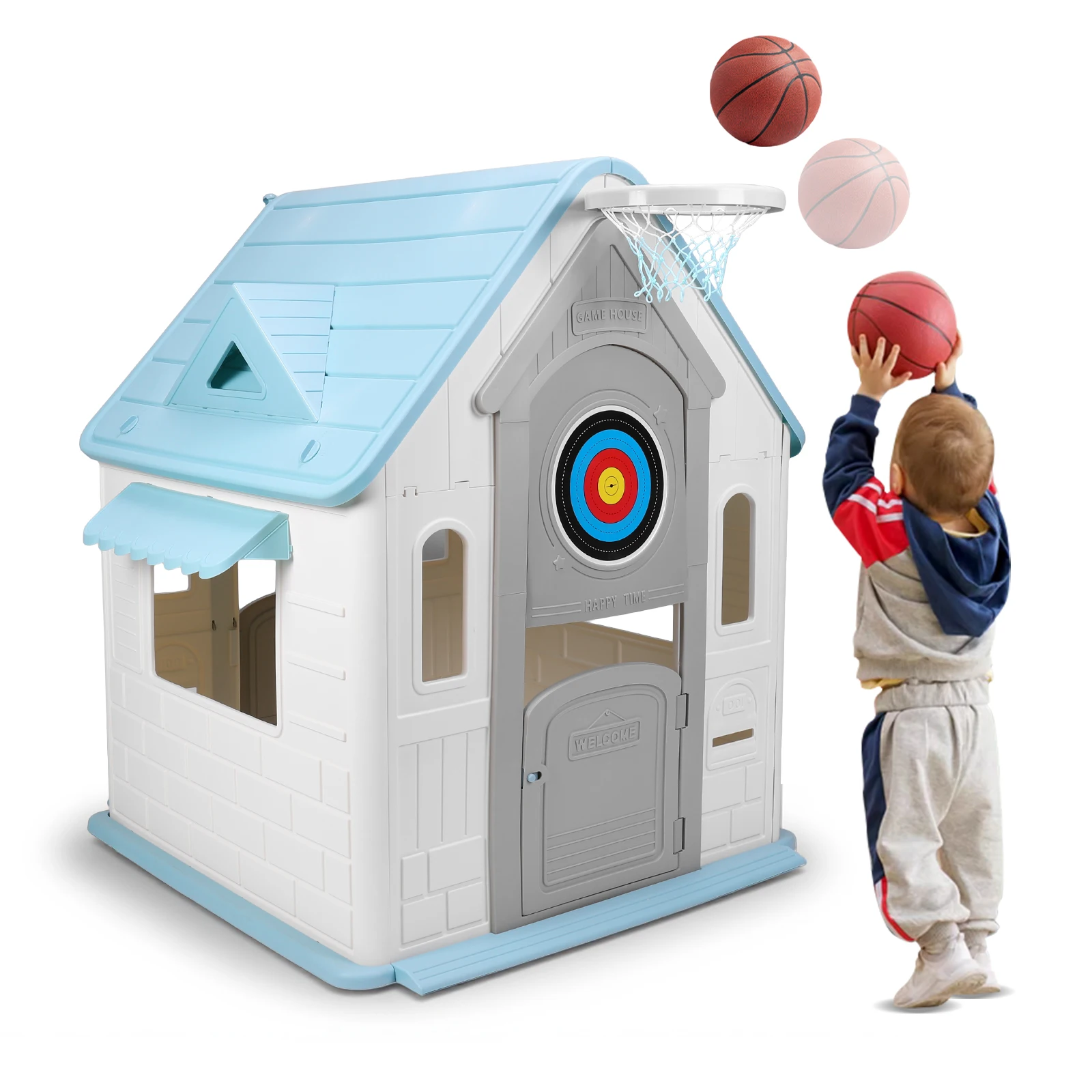 Kids Playhouse with Basketball Hoop Dartboard Garden Games Cottage (Light Blue)