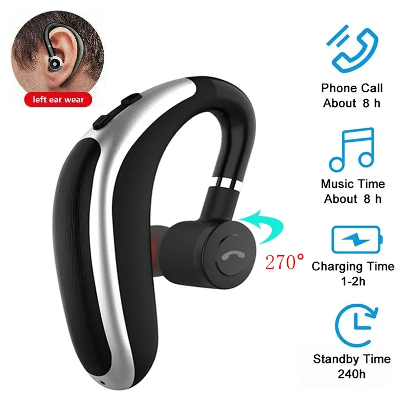 Wireless Single Ear-Hook Bluetooth Headset with HD Mic
