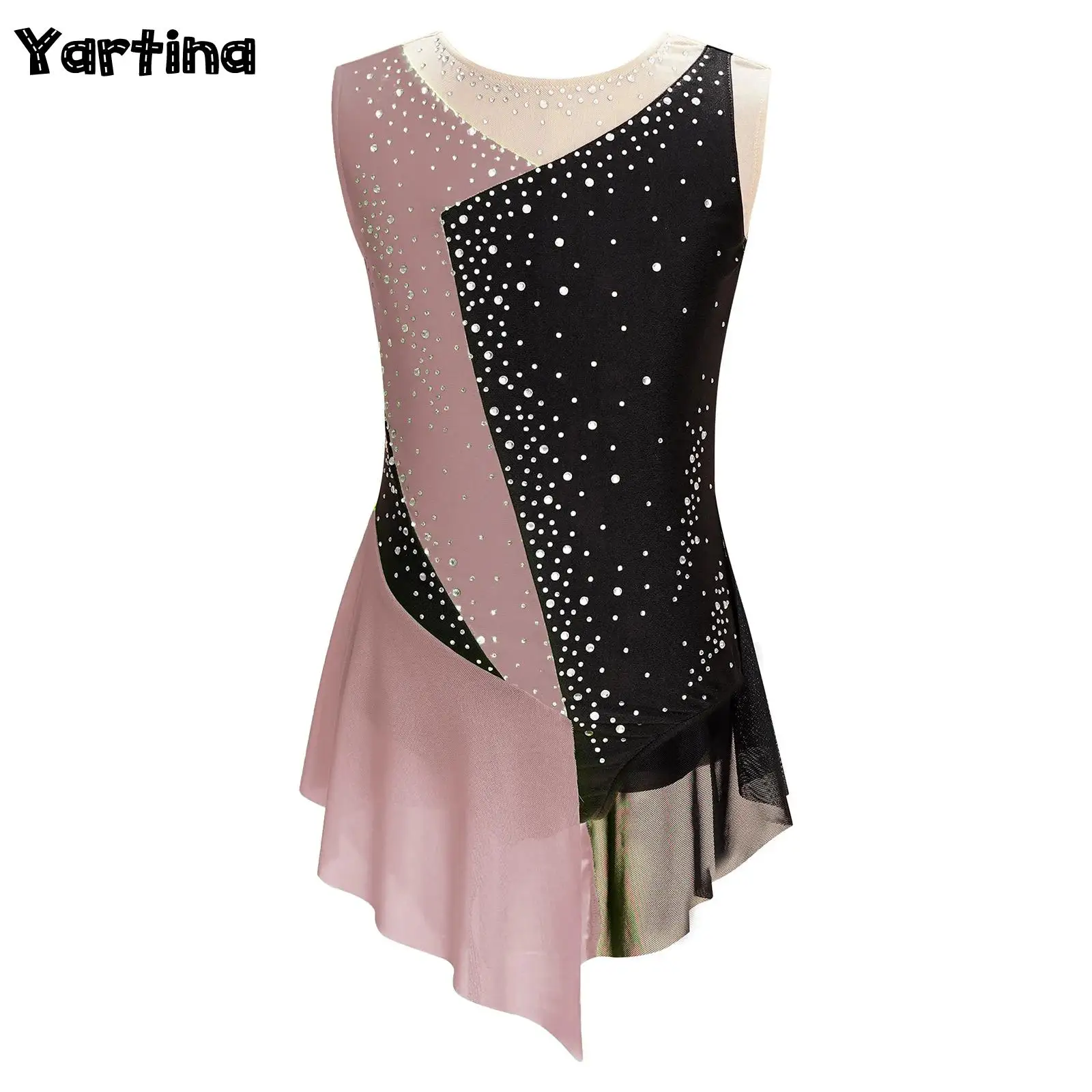 Kids Girls Sparkly Rhinestone Ballet Jersey Leotard Dress Tights Bodysuit Gymnastics Artistic Figure Skating Dance Costume