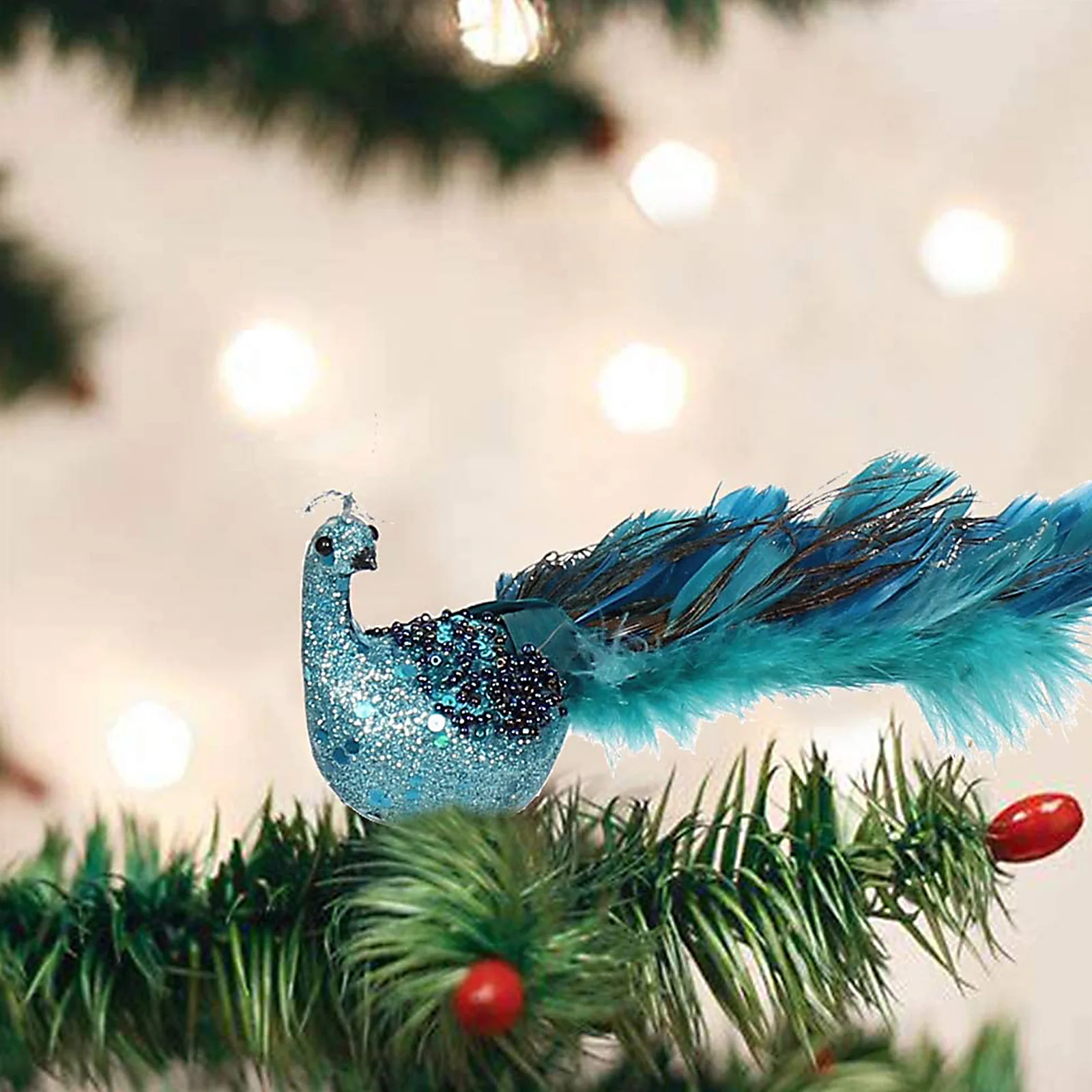 Christmas Ornament Bird Figurine Artificial Peacock Long Tail Realistic Natural Feathers 30.5cm Plastic For Garden Home Decor