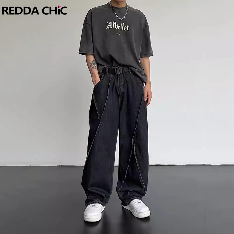 

REDDACHIC Patchwork Raw Edge Baggy Jeans Men Harajuku Retro Black Frayed Wide Leg Casual Pants Loose Fit Hiphop Male Trousers