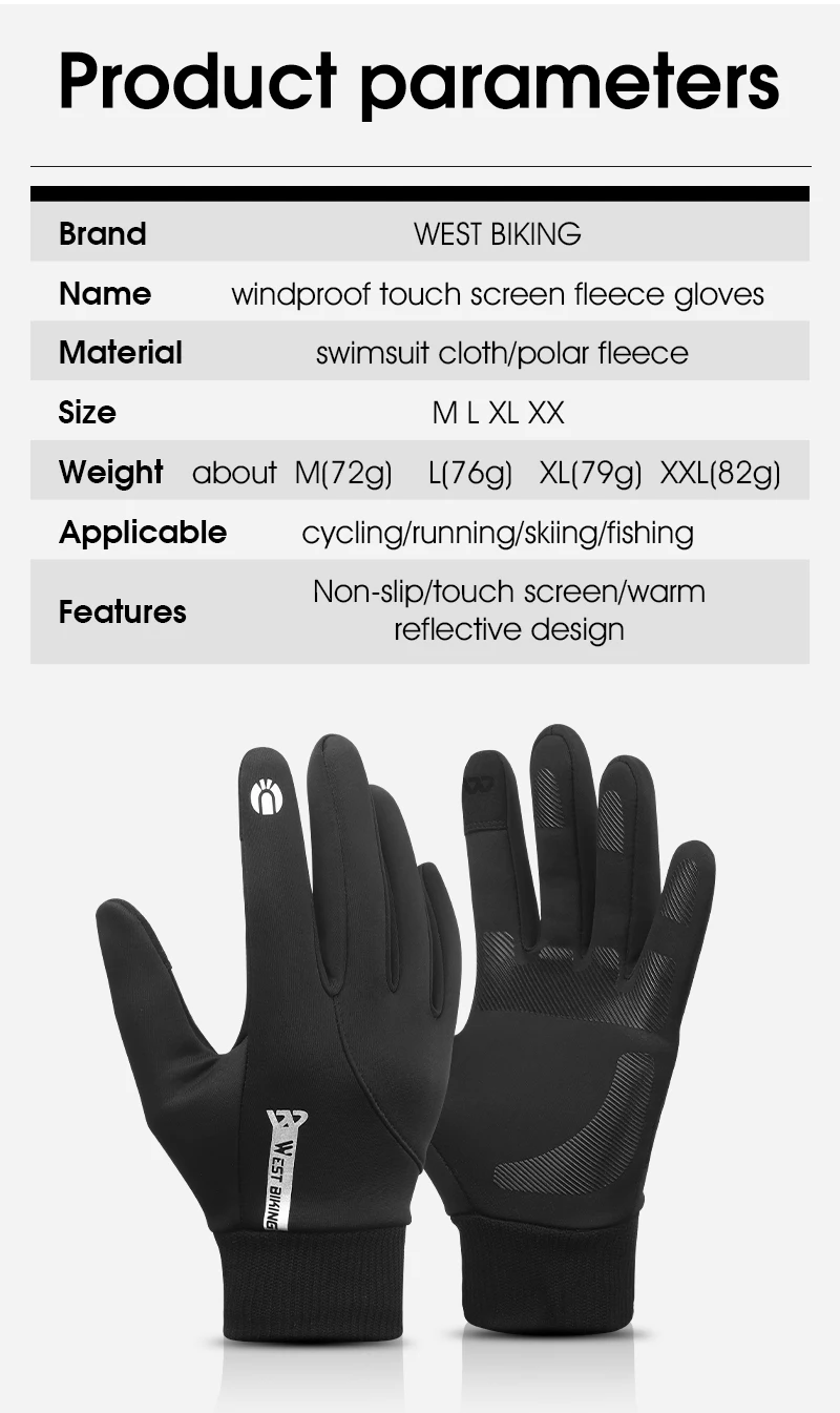 Description Picture 4 of itemWEST BIKING Winter Men Thermal Gloves Windproof Full Finger Cycling Gloves Touch Screen Fleece MTB Road Bike Warm Sport Gear