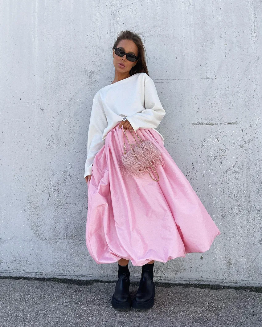 Faldas blancas elegantes de satén, faldas largas plisadas de moda para mujer, faldas de fiesta nocturnas de primavera.