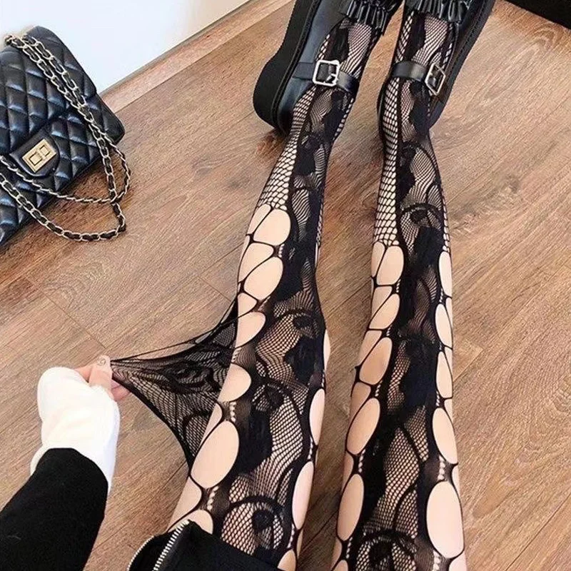 Women's Gothic Long Hollow Out Pantyhose Black White Sexy Lace