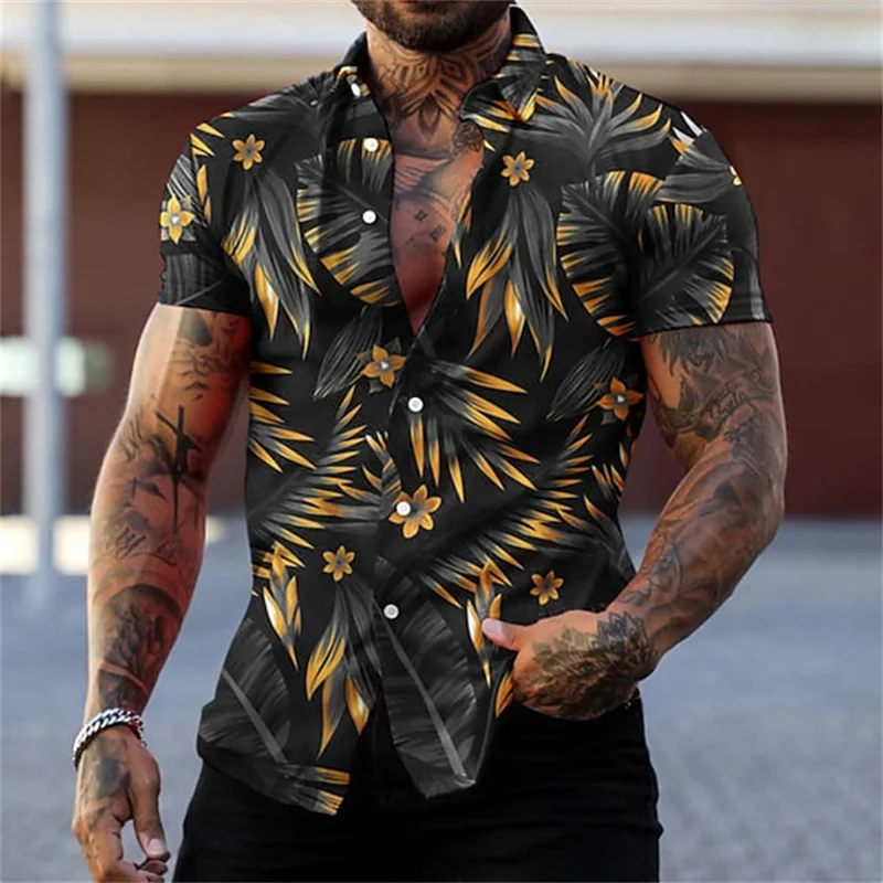 

Мужская пляжная рубашка с коротким рукавом, черно-Золотая рубашка с отложным воротником и принтом растений, гавайская рубашка в гавайском стиле, на пуговицах, на лето