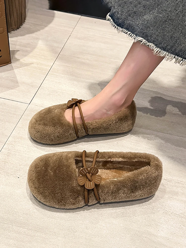 

Туфли женские без шнуровки с круглым носком, меховые лоферы, универсальные повседневные, без застежки, осень 2023