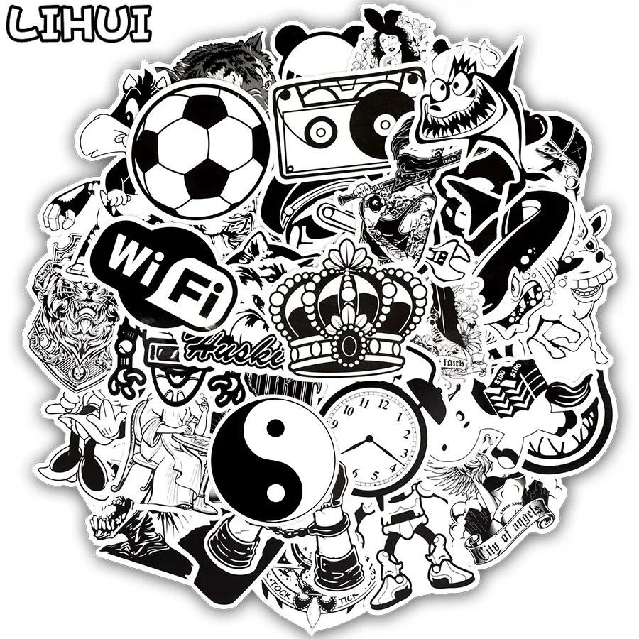 Graffiti Stickers Rock Stickers 50pcs Black and White Series Sticker Graffiti Rock Funny Waterproof Stickers For DIY Luggage Laptop Guitar Motorcycle