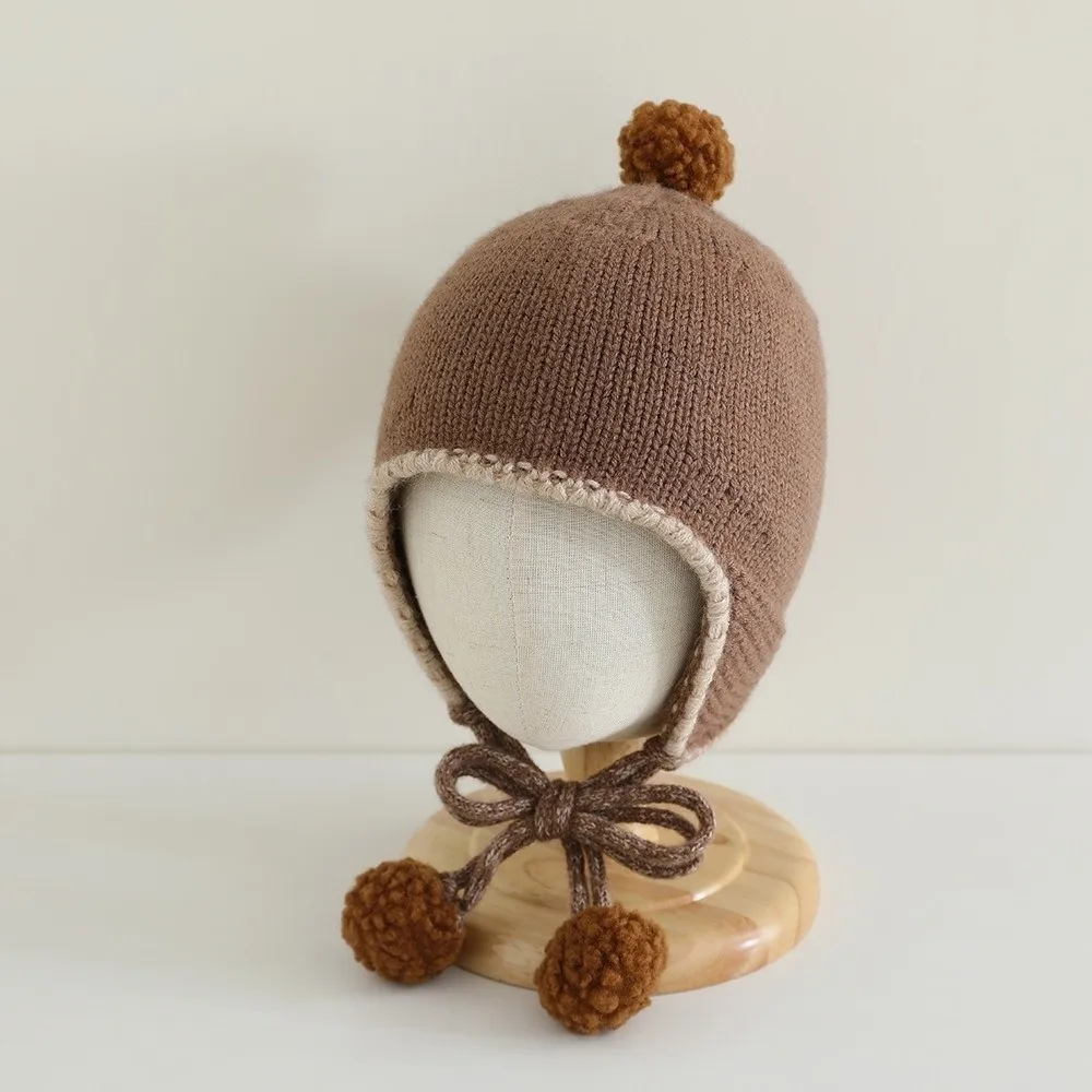 Korean Winter Baby Knitted Cap Tassel Bobbles Baby Beanie Cap Warm Thick Ear Protection Hat Kids
