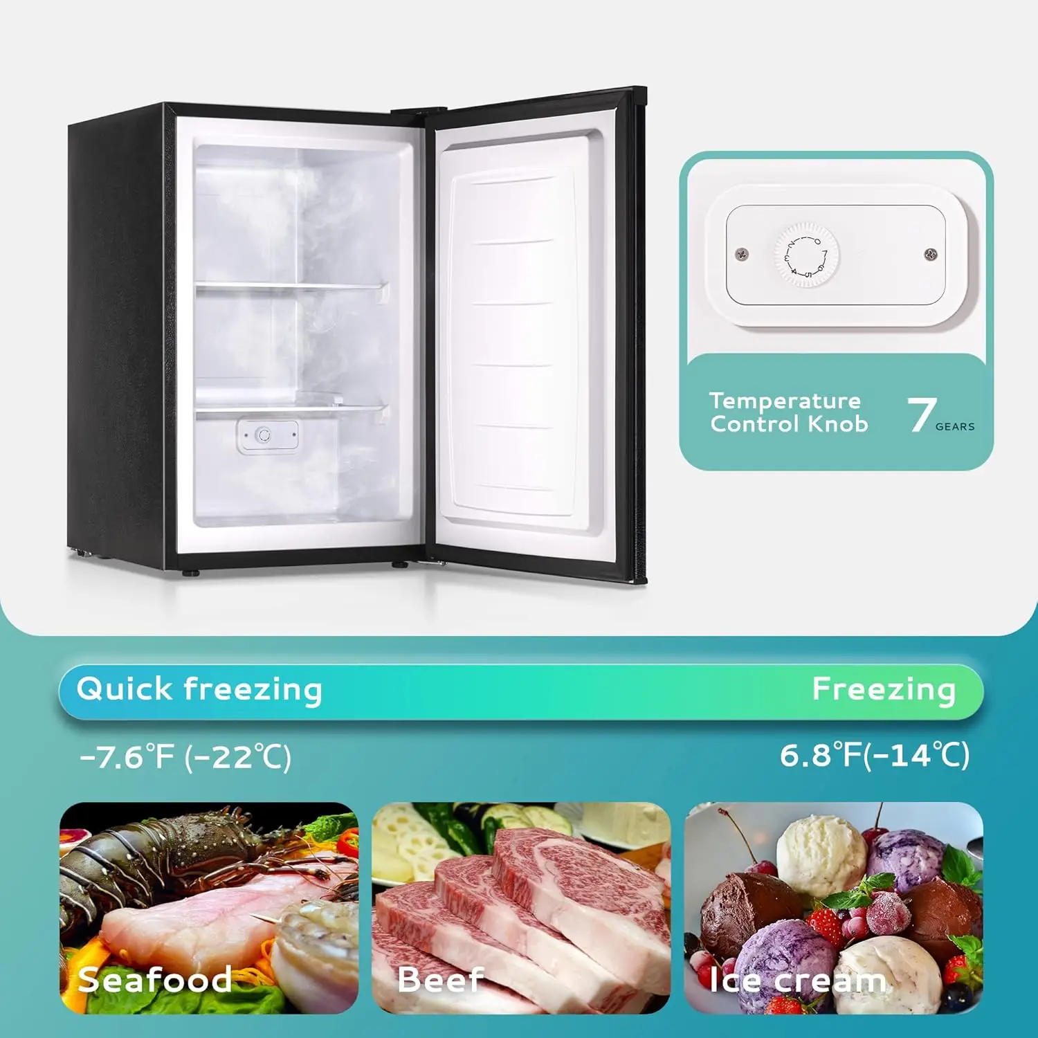 Single Door Compact Mini Freezer with Reversible Door, Small freezer for Home/Dorms/Apartment/Office (Black)