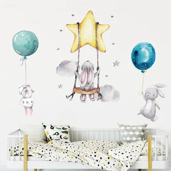 Bunny Baby Nursery Wall Stickers Cartoon Rabbit Swing on the Stars Wall Decals for Kids Room PVC Removable Stickers PVC DIY 2