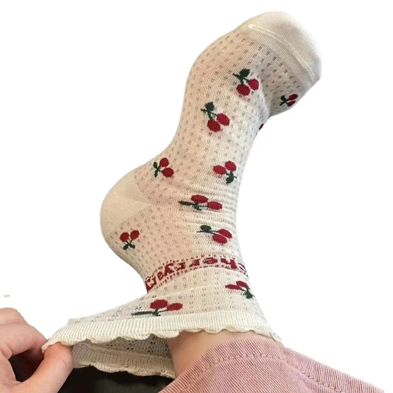 Summer Cherry Print Socks Female Thin Mesh Socks Students Girls Cute Kawaii Harajuku Socks For Girls Gift Streetwear Ruffle Soks