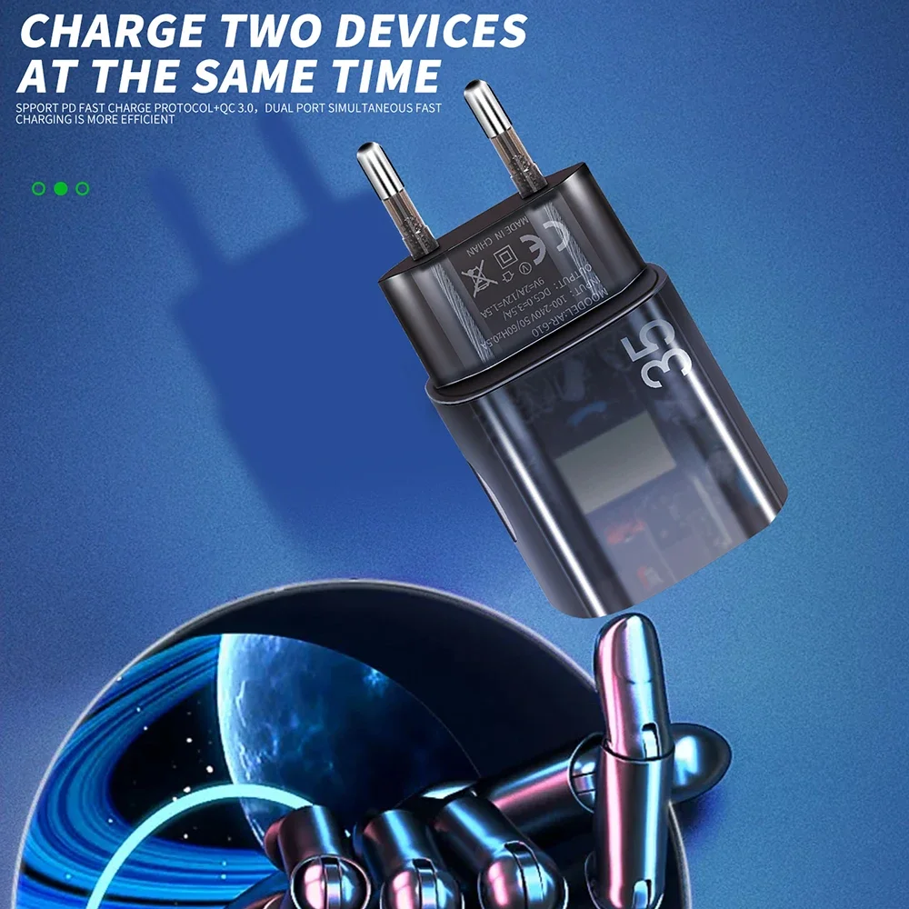 35W Transparent USB Charger Quick Charge 3.0 Fast Charging PD Type C Wall Charger For iPhone Samsung Xiaomi Mobile Phone Adapter