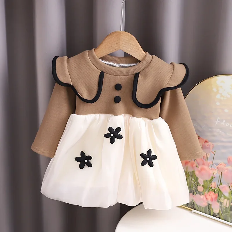 

2023 Autumn Girls Fashion Fake Two Pieces Long Sleeve Dress Two Colors
