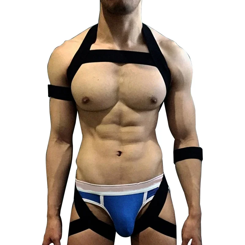 Sexy Mens Harness Set Elastic Halter Chest Body Straps Hollow Out Lingerie Bondage Belts Fetish Arm Wrist Band