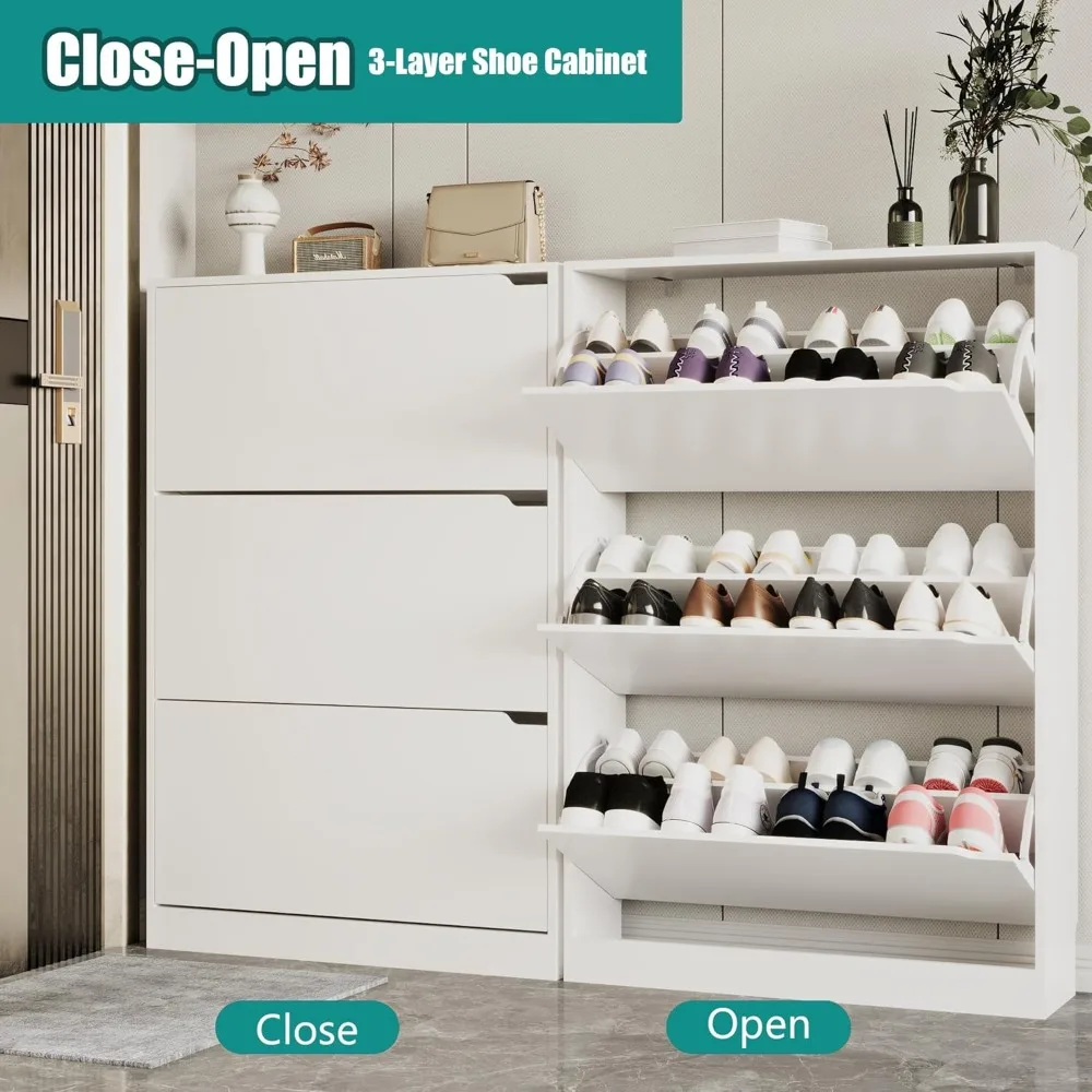 Shoe Storage Cabinet for Entryway with 3 Flip Drawers, Sturdy Wood Hidden Shoe Storage, Freestanding Narrow Slim Shoe Organizer 3