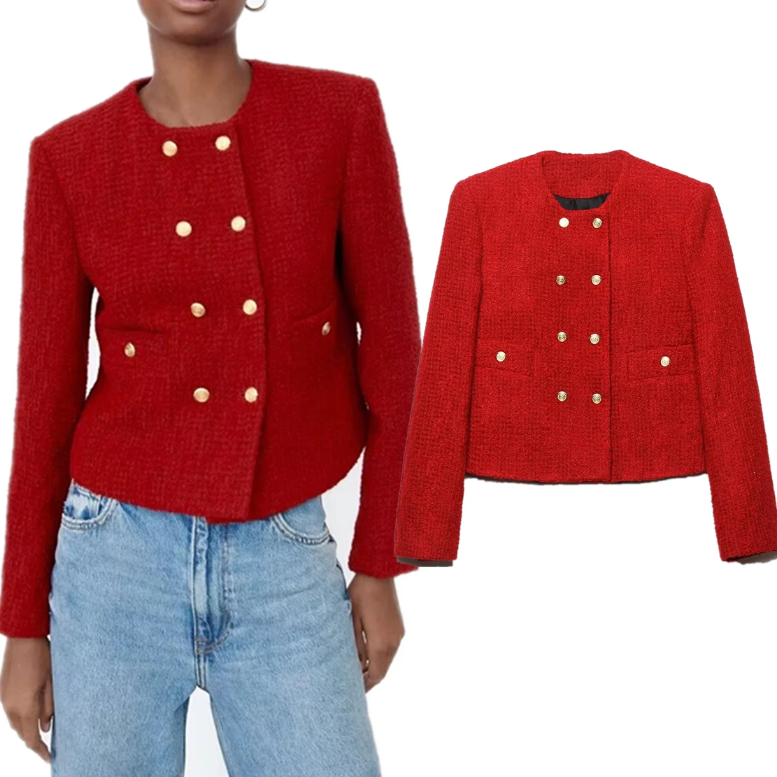 

Dave&Di French Fashion Office Women's Double Breasted Textured Suit Red Elegant Casual Jacket Blazers Women Tops