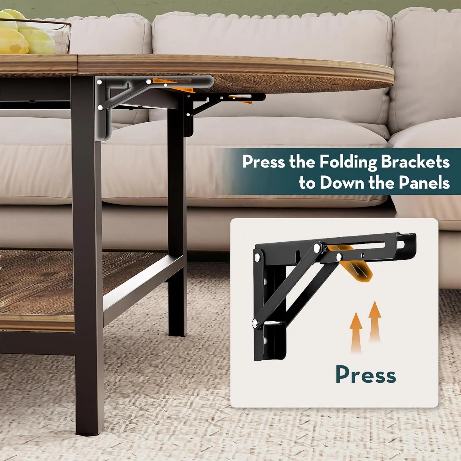 Coffee Table 2-Tier Small Folding Coffee Tables with Storage Table Vintage Extended Table with Two Foldable Panel 4