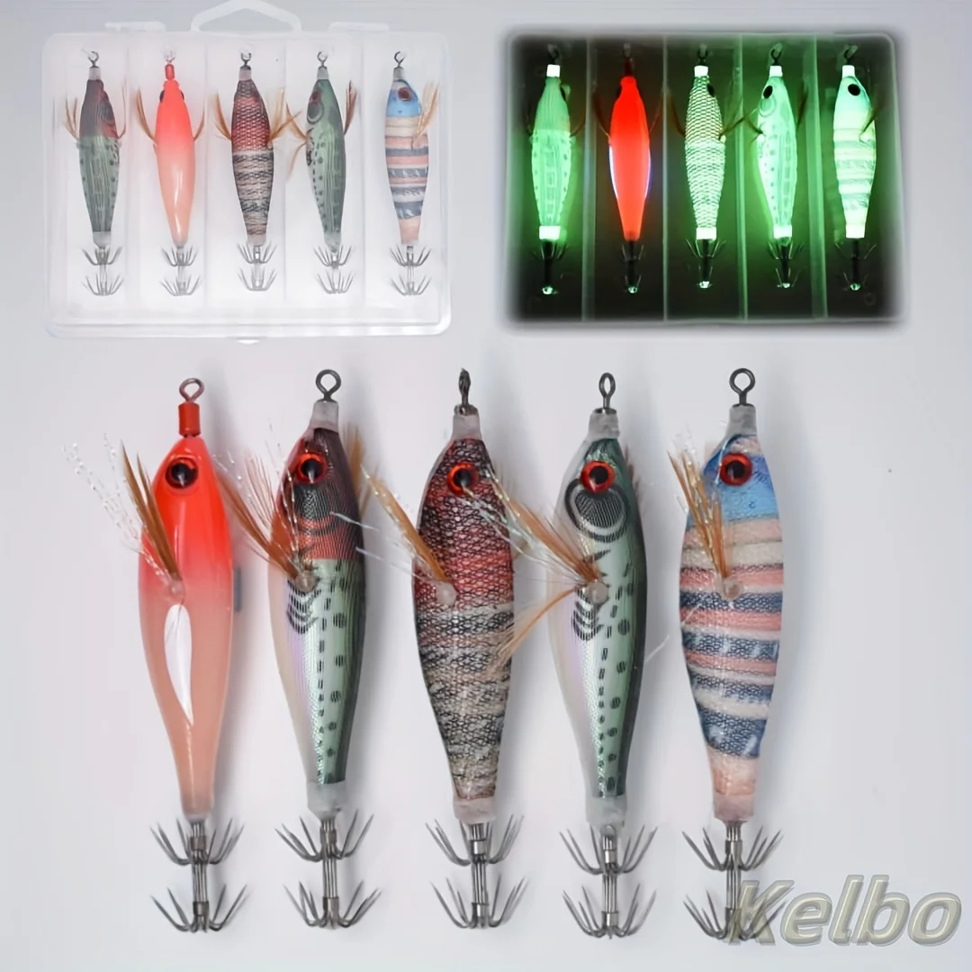 5pcs Glow-in-the-Dark Fishing 3D Eyes Realistic Shrimp, Squid, Octopus - Hard Bait Jig Lures With Hooks, Non-Toxic,_voghion.com
