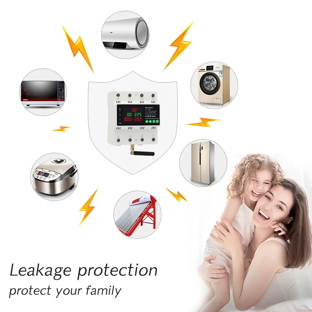 Tuya WiFi Three Phase 4P 100A Auto-Reclosing Over Under Voltage Protector Prepai