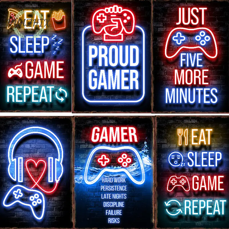 

Game Controller Metal Tin Sign Retro Poster Neon Print Home Room Plaque Play Field Vintage Gaming Bar Door Plate Art Wall Decor