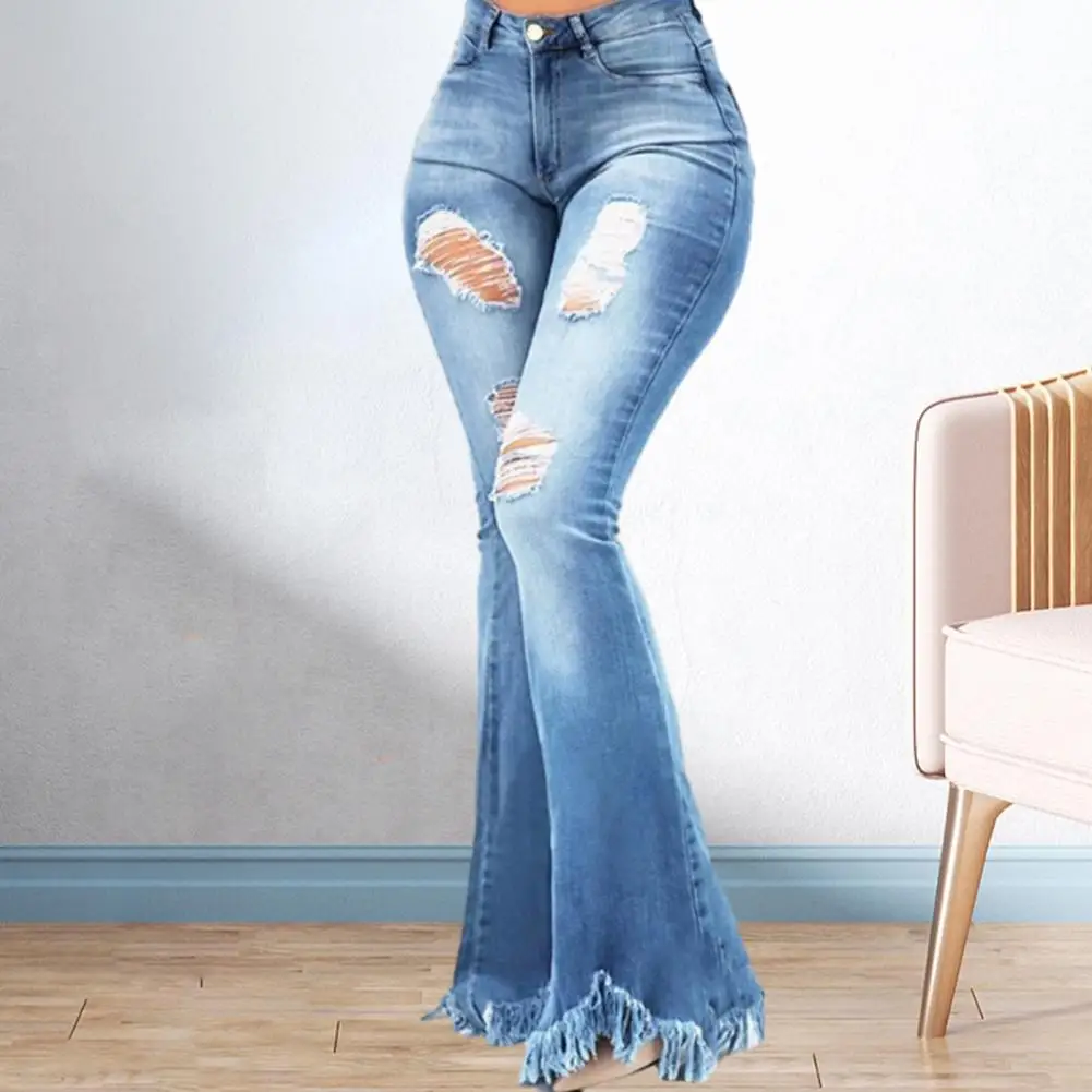 

Autumn Women Denim Flared Pants High Waist Zipper Button Trousers Fly Ripped Holes Design Tassel Cuffs Pockets Full Length Jeans