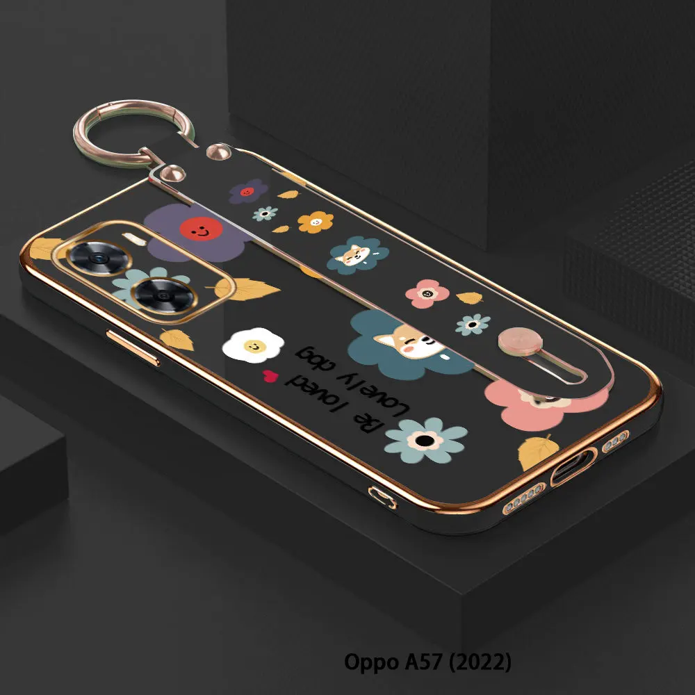

(With Wristband) For OPPO A57 A77 4G 5G A57e A57s A77s A17 A17K Flower Back Cover Case Luxury Plating TPU Phone Cases