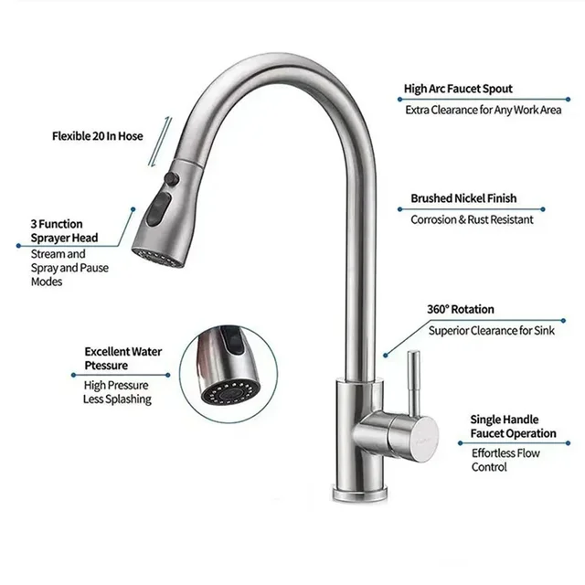 ก๊อกน้ําห้องครัวแปรงนิกเกิลดึงอ่างล้างจาน Water TAP Deck ติดตั้ง Mixer Stream Sprayer หัวร้อนเย็นก๊อก Sliver 5