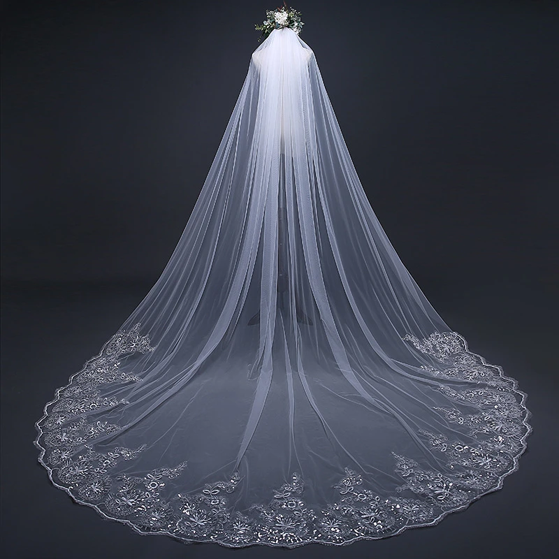 Wedding Veil Lace Edge Long Luxurious Bridal Veil Applique Sequins White/Ivory Veil With Comb Cathedral One Layer 5Meters white ivory 3m 5m cathedral length lace edge bridal head veil with comb long wedding veil accessories velos de novia